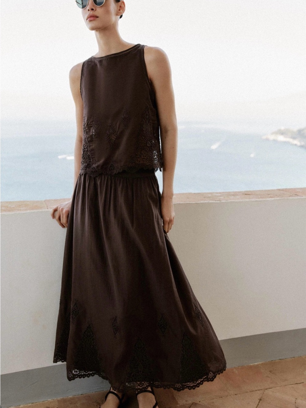 Zara Brown Embroidered Skirt Set XL NWT